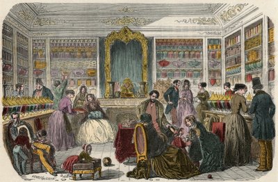 متجر الحلويات في باريس في القرن التاسع عشر - نقش في "Tableau-de-Paris" بواسطة Edmond Texier 1852 بواسطة المدرسة الفرنسية