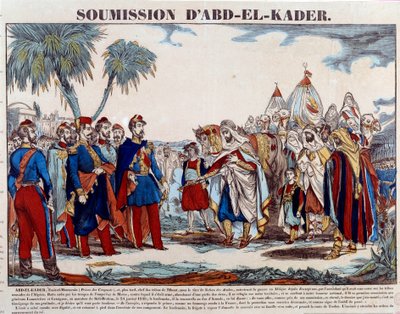 غزو الجزائر (1830-1847): تسليم عبد القادر (عبد القادر أو بن محيي الدين الحسني) (1807-1883) لدوق أومالي وللجيش الفرنسي في 24/01 / 1848. نقش مجموعة خاصة من أواخر القرن التاسع عشر بواسطة المدرسة الفرنسية