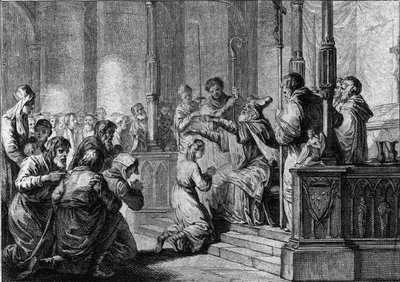 Consecration of Saint Genevieve, circa 430: Saint Germain, eveque of Auxerre بواسطة المدرسة الفرنسية