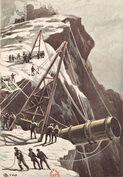 بناء مدفع لإطلاق الصواريخ من الأرض إلى القمر بقلم جول فيرن (1828-1905) نُشر عام 1865 بواسطة المدرسة الفرنسية