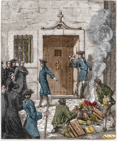 إدانة Societe des Jesuites إثر قرار Parlement de Paris بتاريخ 6 أغسطس 1762. أمرت المحكمة بإحراق أكثر من 24 كتابًا وكتابًا من قبل اليسوعيين بواسطة الجلاد. نقش القرن التاسع عشر. بواسطة المدرسة الفرنسية