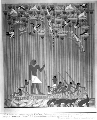 نسخة من نقش مصور مصور يصور الصيد وحرمة فرس النهر ، من مقبرة Ti و Ptah-Hotep في سقارة ، الأسرة الخامسة ، المملكة القديمة بواسطة المدرسة الفرنسية