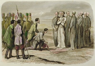 كورتيس عند أقدام مارتن دي فالنسيا (نقش ملون يدويًا) بواسطة المدرسة الفرنسية