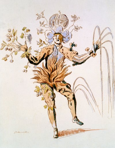 تصميم الأزياء للعناصر الأربعة في باليه محكم من القرن السابع عشر ، فاكس مصنوع من Guillaumot Fils (نقش ملون باليد) بواسطة المدرسة الفرنسية