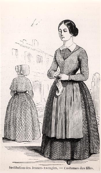 زي للفتيات في معهد الشباب المكفوفين ، في 'Tableau de Paris' بواسطة Edmond Texier ، نُشر عام 1852 (نقش) (صورة بالأبيض والأسود) بواسطة المدرسة الفرنسية