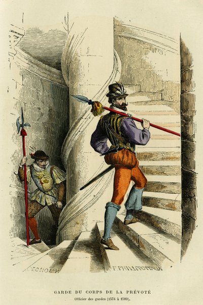 زي الحارس الشخصي لـ prevote ، يليه ضابط الحراس (1574 a 1589). نقش بالألوان في "France et les francais a travers les siecles" بقلم Augustin Challamel ، محرر F.Roy ، باريس 1882. مجموعة سيلفا. بواسطة المدرسة الفرنسية
