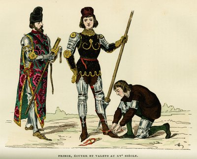 أزياء الأمير ، من مكتبته وخادمه ، في القرن الخامس عشر. نقش بالألوان ، في "France et les francais a travers les years" بقلم Augustin Challamel ، محرر F.Roy ، باريس 1882. مجموعة سيلفا. بواسطة المدرسة الفرنسية