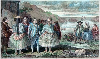 أزياء سكان La Conception (تشيلي) - Atlas du Voyage de La Perouse (Laperouse) حول العالم خلال الأعوام 1785-1788 ، باريس 1797. بواسطة المدرسة الفرنسية