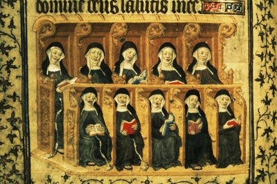 Cott Dom A XVII f.74v راهبات في كشك جوقة ، من سفر المزامير لهنري السادس ، باريس بواسطة المدرسة الفرنسية
