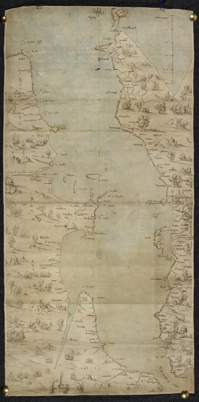 Cotton Augustus I ii f.65 خريطة القناة الإنجليزية (الساحل الجنوبي الإنجليزي والساحل الشمالي الفرنسي) بقلم جان روتز بواسطة المدرسة الفرنسية