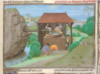 Cotton Augustus V، f.363 سقيفة ملح مع مقلاة وفرن ، رسم توضيحي من "Le Tresor des Histoires ..." (رق) بواسطة المدرسة الفرنسية