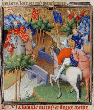 Cotton Nero E. II pt.2 ، f.40v إنجلترا وفرنسا في الحرب ، رسم توضيحي من "Grandes Chroniques de France" ، حوالي 1415 (ورق) بواسطة المدرسة الفرنسية