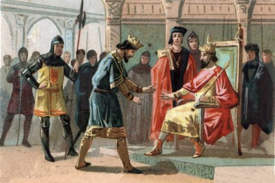 طلب الكونت لويس دي كريسي ، الذي هدده سكان كورترايك ، المساعدة من ملك فرنسا تشارلز لو بيل (1294-1328). الطباعة الحجرية الملونة حوالي عام 1890. بواسطة المدرسة الفرنسية