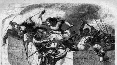 دفعت الكونتيسة ماتيلد من توسكانا (ماتيلد دي توسكانا) المعروفة باسم كانوسا (1046-1115) قوات الإمبراطور هنري الرابع للإمبراطورية الجرمانية المقدسة إلى قلعة كانوسا عام 1077. نقش في "Histoire des Papes-Rois-Queen and Empereurs ترافرز ليه بواسطة المدرسة الفرنسية