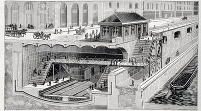 مقطع عرضي لمحطة سان ميشيل في باريس في "La Nature" عام 1899 بواسطة المدرسة الفرنسية