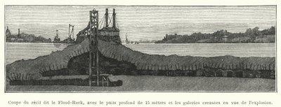 المقطع العرضي للشعاب المرجانية المعروف باسم Flood-Rock ، بعمق 15 مترًا وصالات العرض التي تم حفرها من أجل الانفجار (نقش) بواسطة المدرسة الفرنسية
