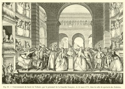 تتويج تمثال نصفي فولتير ، من قبل موظفي الكوميديا الفرنسية ، 30 مارس 1778 ، في قاعة عرض التويلري بواسطة المدرسة الفرنسية