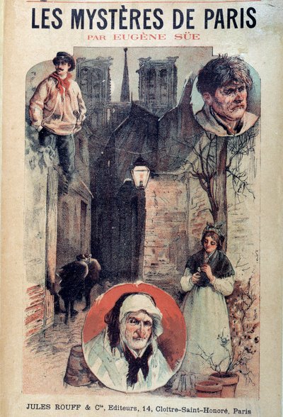 غلاف "" Les mysteres de Paris "بقلم يوجين سو (1804-1857) ، مناظر من زقاق باريسي وشخصيات بواسطة المدرسة الفرنسية