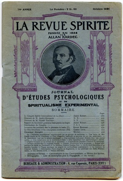 غلاف عدد من "" La revue spirite "" ، صورة المؤسس آلان كارديك ، مجلة أكتوبر 1931 بواسطة المدرسة الفرنسية