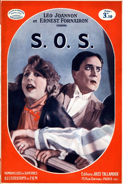 غلاف الكتاب S.O.S. (SOS) مع صورة من فيلم مسمى لكارمين غالون. رسم توضيحي لاختصار استدعاء المساعدة ، دخلت إشارة الاستغاثة من أبجدية مورس حيز التنفيذ في عام 1908. طبعة Jules Tallandier (litho) بواسطة المدرسة الفرنسية
