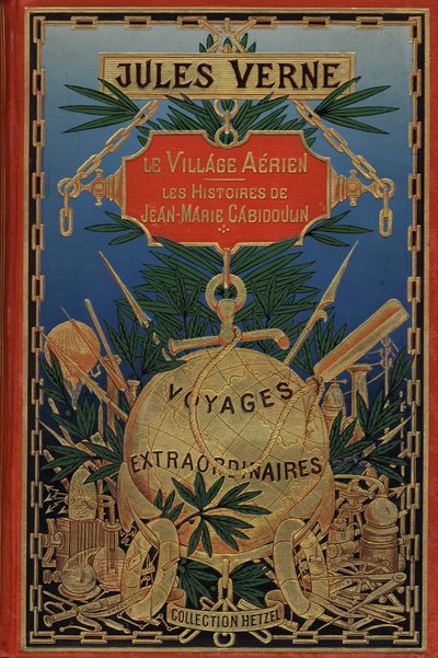 غلاف كتاب "القرية الجوية" من عام 1901 لجول فيرن (مطبوع) بواسطة المدرسة الفرنسية