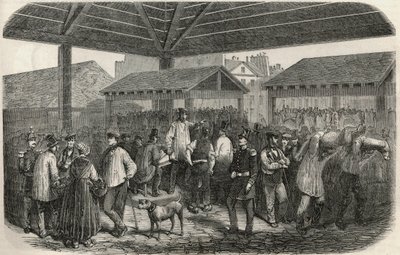 يصنع لحم الجزار في شارع des Prouvaires في الدائرة الأولى بباريس - نقش في "Tableau-de-Paris" لإدموند تيكسييه 1852 بواسطة المدرسة الفرنسية