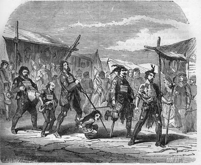 الإجرام في العصور الوسطى: Malandrins. نقش في "تاريخ الدعارة والفجور بين جميع شعوب العالم من العصور القديمة وحتى يومنا هذا" للدكتور ث. -F. ديبريه. 1879. بواسطة المدرسة الفرنسية