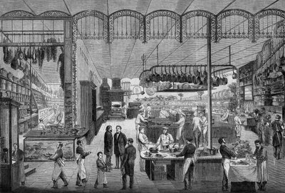 طهاة ونوادل أثناء عملهم في مطابخ كافيه ريش في باريس عام 1866. نقش في "لوموند إلوستري" رقم 499 بتاريخ 3 نوفمبر 1866. بواسطة المدرسة الفرنسية