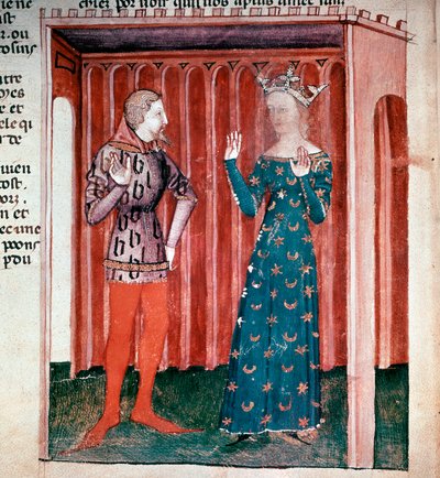 دورة الملك آرثر: نايت لانسلوت دو لاك والملكة جينيفر. صورة مصغرة من مخطوطة "La quete du saint grail" "(ms. Fr 343 fol. 6) 1380-1385 Paris B.N. بواسطة المدرسة الفرنسية