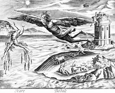 ديدالوس يهرب من كريت مع ابنه ، إيكاروس ، يراه يسقط حتى وفاته ، 1619 بواسطة المدرسة الفرنسية