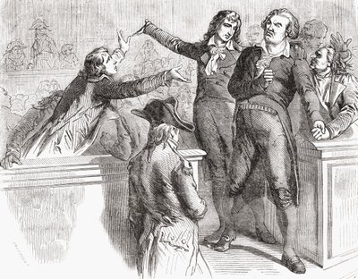 يدافع دانتون وديسمولين عن أنفسهم قبل الاتفاقية ، 30 مارس 1794 ، من "تاريخ الثورة الفرنسية" بقلم لويس بلانك (1811-1882) 1847-62 بواسطة المدرسة الفرنسية