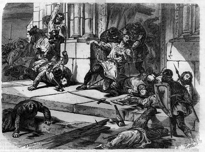 تحطمت أبواب قصر لاطران للشماس جون. نقش في "Histoire des Papes-Rois-Queen و Empereurs a travers les years" بقلم موريس لاشاتر بواسطة المدرسة الفرنسية
