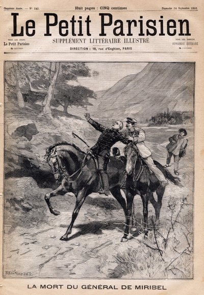 وفاة الجنرال ماري جوزيف فرانسوا دي ميريبيل (1831-1893) من أزمة السكتة الدماغية عند عودته من تفتيش في جبال الألب. احدى جريدة "لو بيتي باريزيان" "Le Petit Parisien" بتاريخ 24/9/1893. بواسطة المدرسة الفرنسية