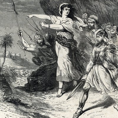 ديبورا تقود شعب إسرائيل المظلوم من قبل يابين ملك كنعان للقتال. نقش من "التاريخ المقدس" لمجموعة لاهور الخاصة من القرن التاسع عشر بواسطة المدرسة الفرنسية