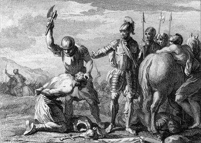 قطع رأس سيغريوس ، 486: إعدام الجنرال الروماني سياغريوس (430-486) هزم في معركة سواسون من قبل قوات كلوفيس 1. نقش من القرن الثامن عشر. بواسطة المدرسة الفرنسية