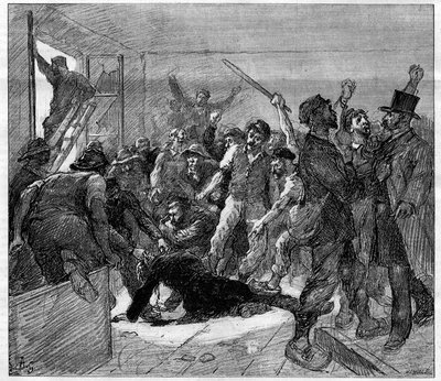 إضراب عمال مناجم Decazeville (Aveyron) في عام 1886: قُتل المهندس Watrin على يد Grevists. نقش في "" Le Monde Illustré "" ، ٦ فبراير ١٨٨٦. بواسطة المدرسة الفرنسية