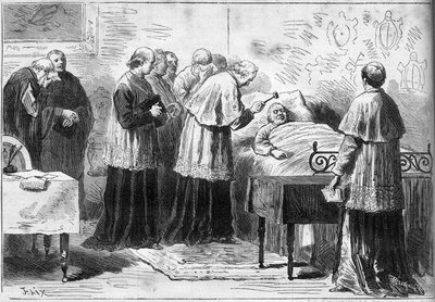 Deces of Pius IX (Pio) (1792-1878): طقوس الاعتراف بوفاة البابا. كاردينال يضرب جبين المتوفى بمطرقة فضية. نقش في "" Le Monde Illustré "" رقم 1089 بتاريخ 16 فبراير 1878. بواسطة المدرسة الفرنسية