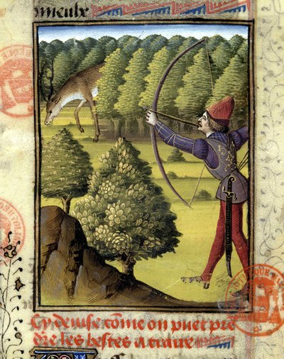 Deer hunting - in “” Hunting book of Gaston Phoebus, Count of Foix, Lord of Béarn”” بواسطة المدرسة الفرنسية