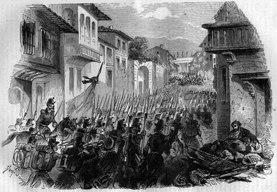 الدفاع عن روما ضد الجيش الفرنسي. استولى الجنرال Oudinot على روما في معركة Janicule في 30 يونيو 1849 وطارد الثوار في يوليو للرد على البابا بيوس التاسع. نقش في "Histoire des Papes-Rois-Queen و Empereurs a travers les centur بواسطة المدرسة الفرنسية