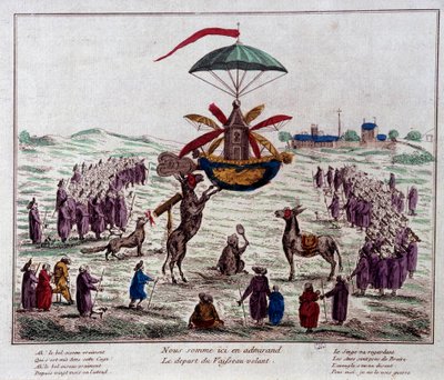 مغادرة السفينة الطائرة الهجائية على آلة الطيران التي تخيلها جان بيير بلانشارد (1753-1809): الحمير والقرود والنظرة الأعمى إلى الآلة الغريبة المجهزة بستة أجنحة ودفة. نقش من نهاية القرن الثامن عشر. باريس ، متحف كارن بواسطة المدرسة الفرنسية