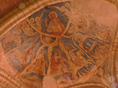 تصوير منظر داخلي مع لوحات جدارية بواسطة المدرسة الفرنسية