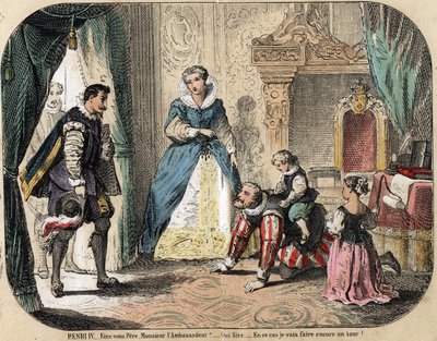 وصف أوقات الفراغ واللعب للأطفال: ملك فرنسا هنري الرابع (1553-1610) يلعب مع أطفاله (ربما لويس الثالث عشر وإليزابيث من فرنسا) أمام السفير الإسباني. الملكة ماري من مديسيس موجودة. لوحة "" les jeux de l'enfance "" i بواسطة المدرسة الفرنسية