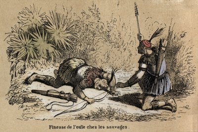 وصف الحواس الخمس: تفاصيل السمع ، يبدو السمع أكثر تطوراً ورفاهية لدى السكان الأصليين. لوحة "" Les cinq sens "في" "تعليمات les Recreations" "لوحة Synoptique بواسطة Jules Delbruck ، نقش من عام 1860. مجموعة خاصة بواسطة المدرسة الفرنسية