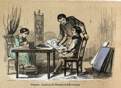 وصف المنتجات والاستخدامات المختلفة للورق: قاعة رسم وكتابة. لوحة "" Le papier et ses produits "في" "تعليمات les Recreations" "لوحة Synoptique بواسطة Jules Delbruck ، نقش من عام 1860. مجموعة خاصة. بواسطة المدرسة الفرنسية