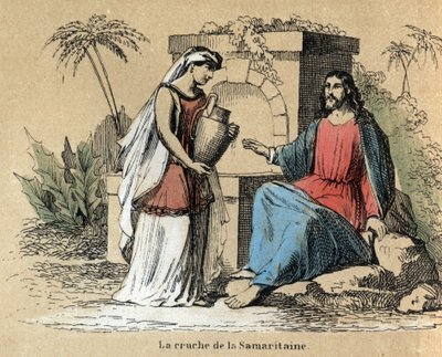 وصف المراحل المختلفة لصنع واستخدامات الصلصال: يسوع والسامري يحملان إبريقًا من الفخار في الكتاب المقدس. لوحة "" الطين ومنتجاته "" في "" تعليمات Les Recreations "" لوحة إجمالية لجول ديلبروك ، نقش من عام 1860. خاص بواسطة المدرسة الفرنسية