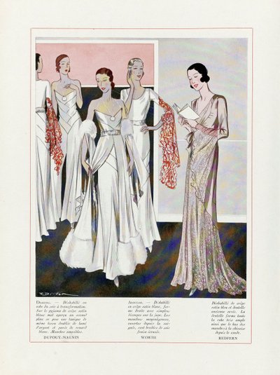 تصميم لفساتين السهرة من قبل Depouy-Magnin و Worth و Redfern، pub. 1931 طباعة حجرية ملونة. بواسطة المدرسة الفرنسية