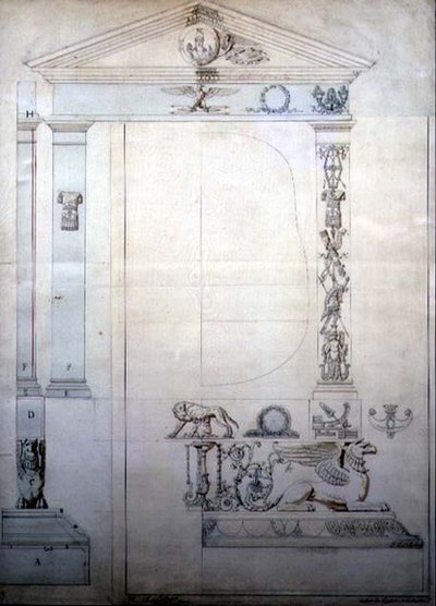 تصميم لمرآة من طراز Cheval ، حوالي عام 1815 (قلم حبر وألوان مائية على ورق) بواسطة المدرسة الفرنسية