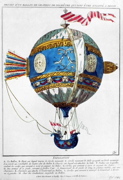تصميم لمنطاد الهواء الساخن بقطر 120 قدمًا للإقلاع في ديجون ، حوالي 1784 (نقش ملون) بواسطة المدرسة الفرنسية