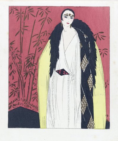 تصميم فستان سهرة مع رداء مزين بالفراء، حانة. 1924 (طباعة بوشوار) بواسطة المدرسة الفرنسية