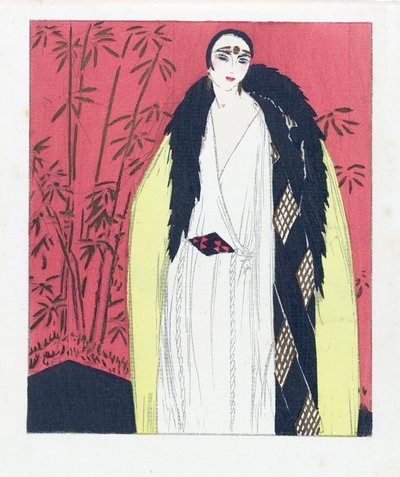 تصميم لفستان سهرة مع كيب مشذب من الفرو ، حانة. 1924 طباعة pochoir. بواسطة المدرسة الفرنسية